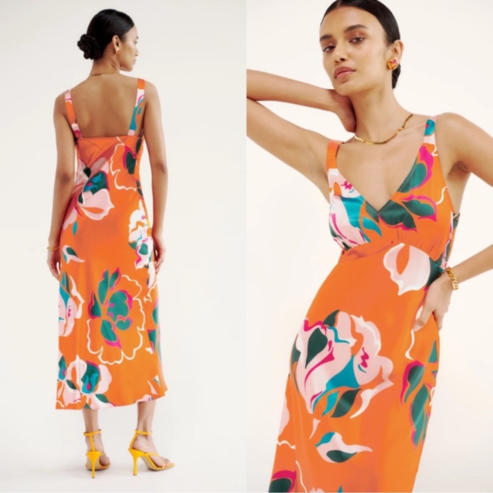 Reformation Daytona Silk Dress Electra Orange Floral Size S